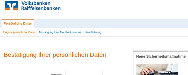 Phishing-Mail Identitätsüberprüfung Ansicht der gefälschten Internetseite zur Überprüfung der Kundendaten - Bestätigung der persönlichen Daten